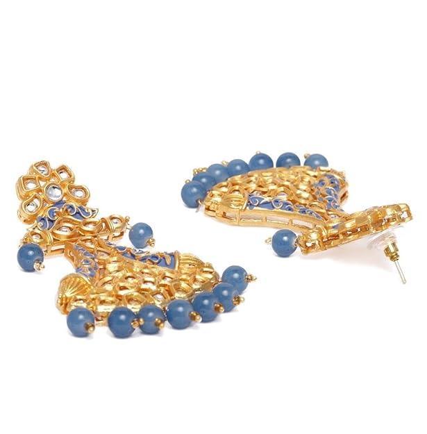 Blue Gold-Plated Lightweight Enamelled Kundan Classic Drop Earrings - Trendisia