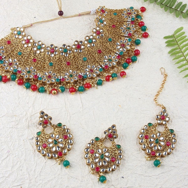 Brass Gold-Toned Red Kundan Jadau Choker Set - Trendisia