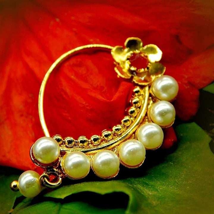 Delicate Pearl Embellished Banu Nath Nose Ring for Women - Trendisia