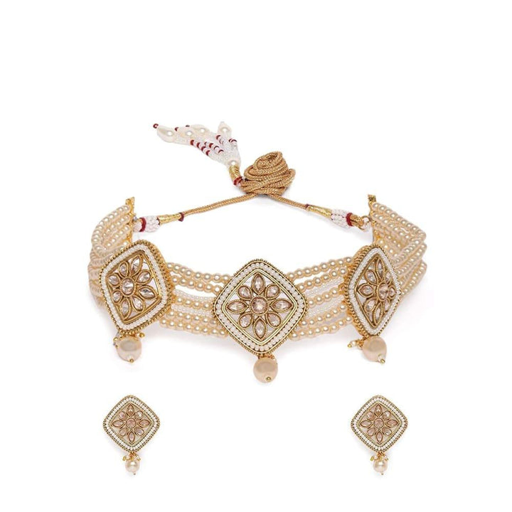 Embellished Pearl Choker Necklace Set - Trendisia