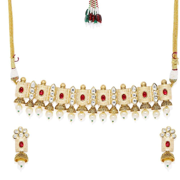 Ethnic Studded Enameled Necklace Set - Trendisia