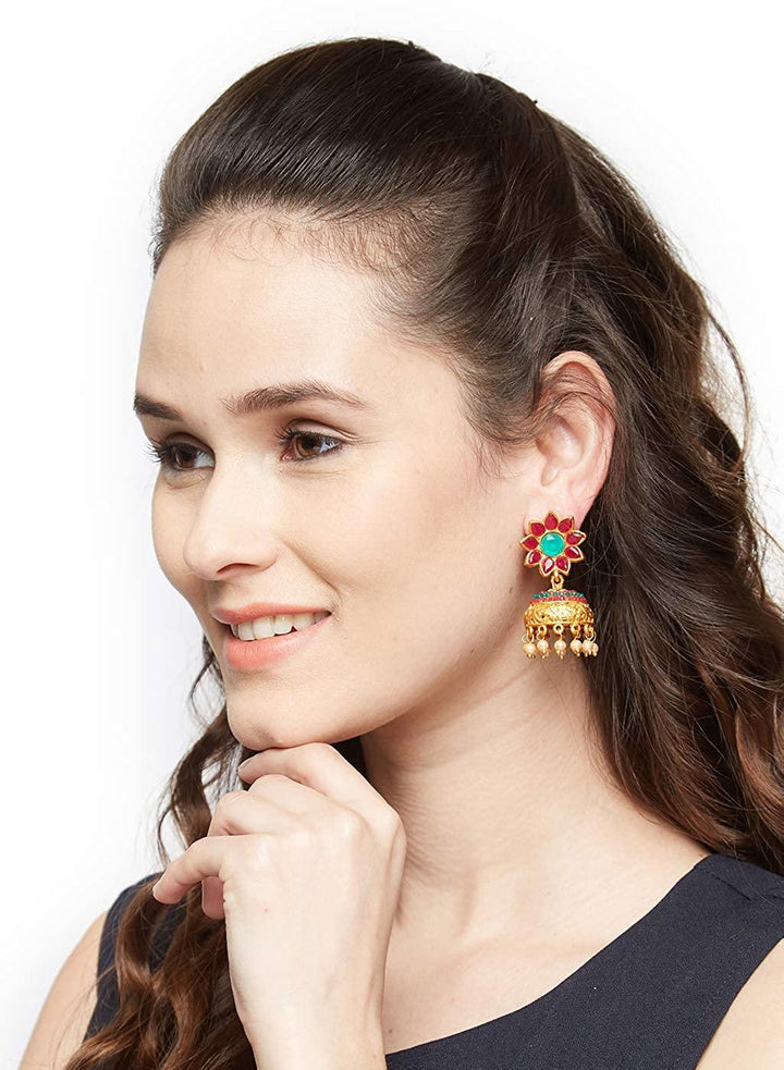 Gold Magenta Dome Shaped Jhumkas - Trendisia