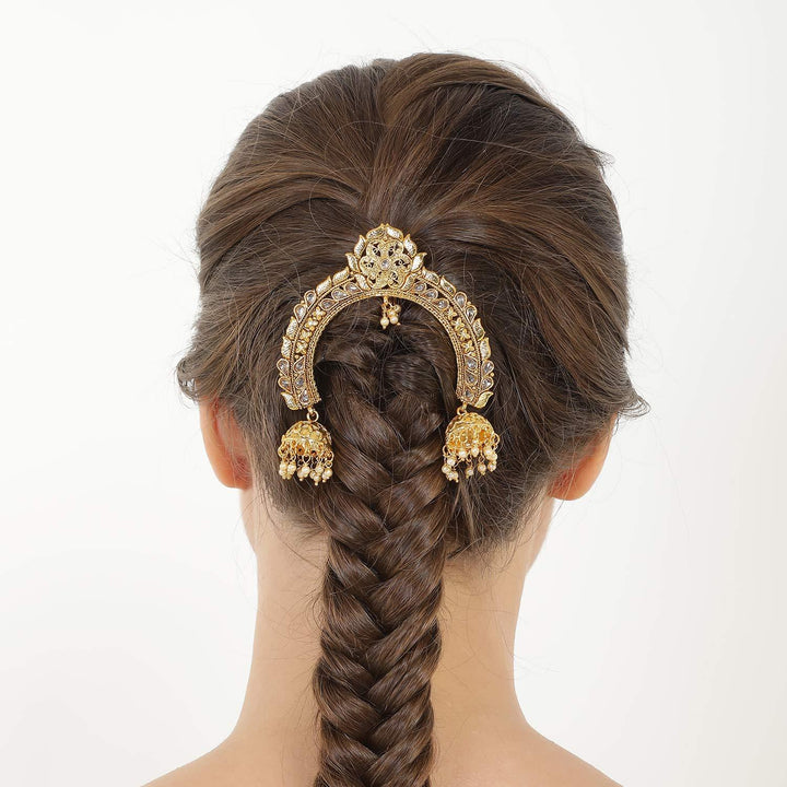 Gold-Pink AD & Pearl Antique Bun Pin - Trendisia