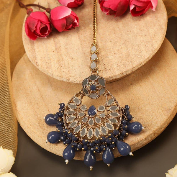 Gold-Plated Blue Mirror Beaded Maangtikka - Trendisia