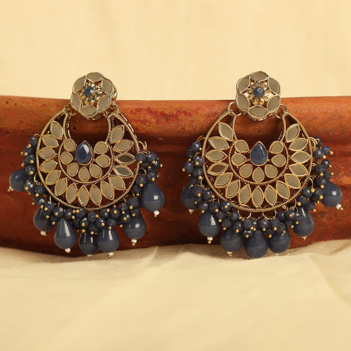 Gold-Plated Blue Mirror Chandbalis Earrings - Trendisia