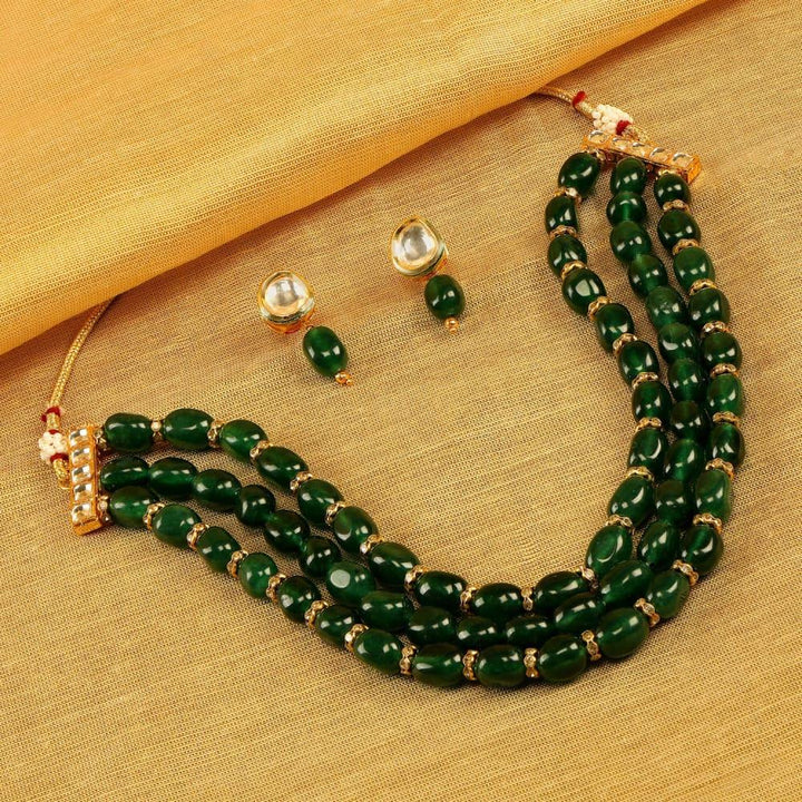 Gold-Plated Green Beaded Kundan Studded Jewellery Set - Trendisia