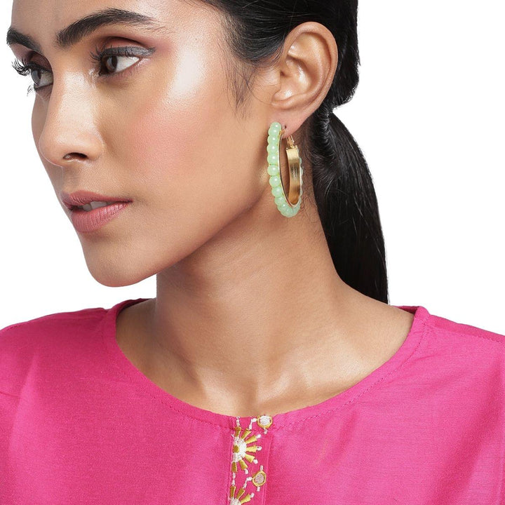 Gold-Plated Green Circular Hoop Earrings - Trendisia