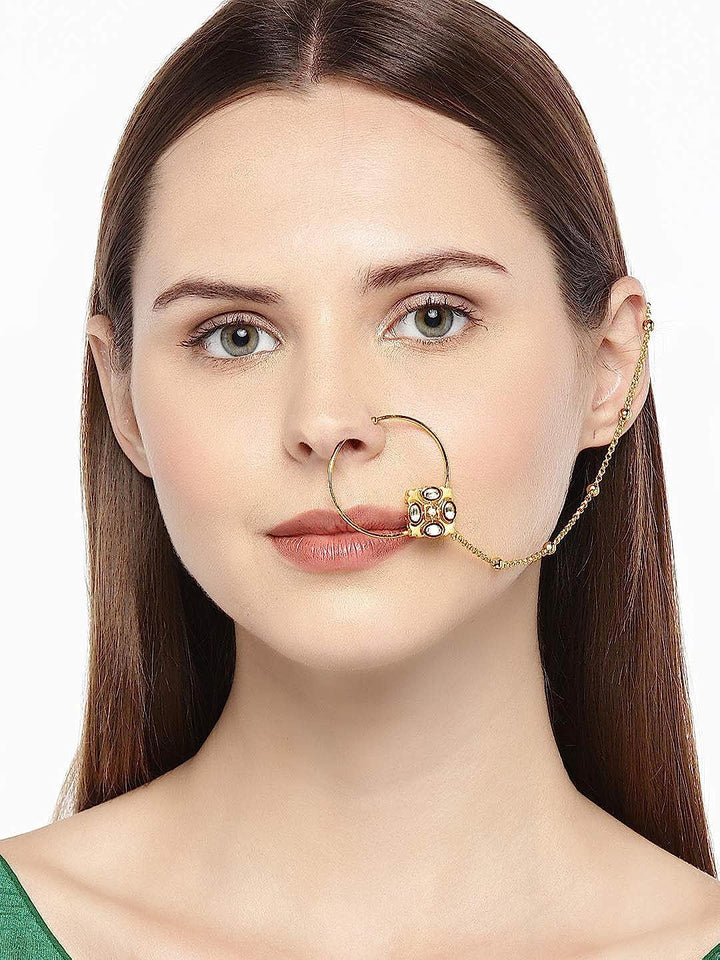 Gold-Plated Kundan Chained Nose Ring - Trendisia