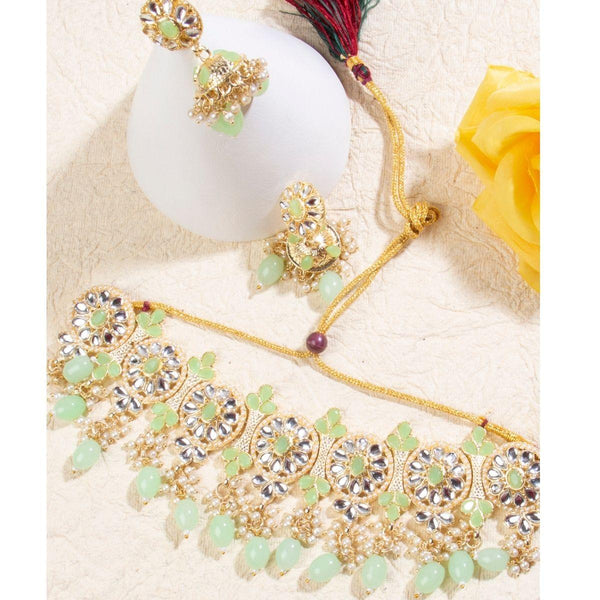 Gold Plated Kundan White Green Jewellery Set - Trendisia