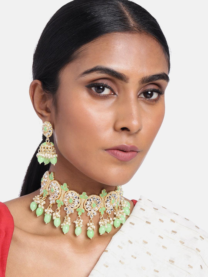 Gold Plated Kundan White Green Jewellery Set - Trendisia