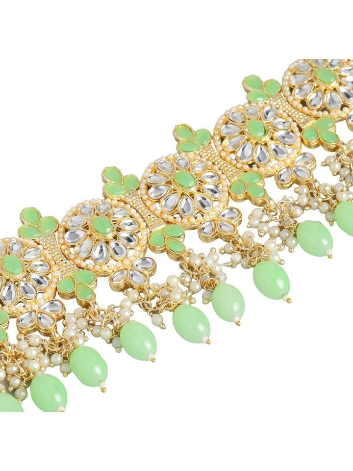 Gold Plated Kundan White Green Jewellery Set - Trendisia