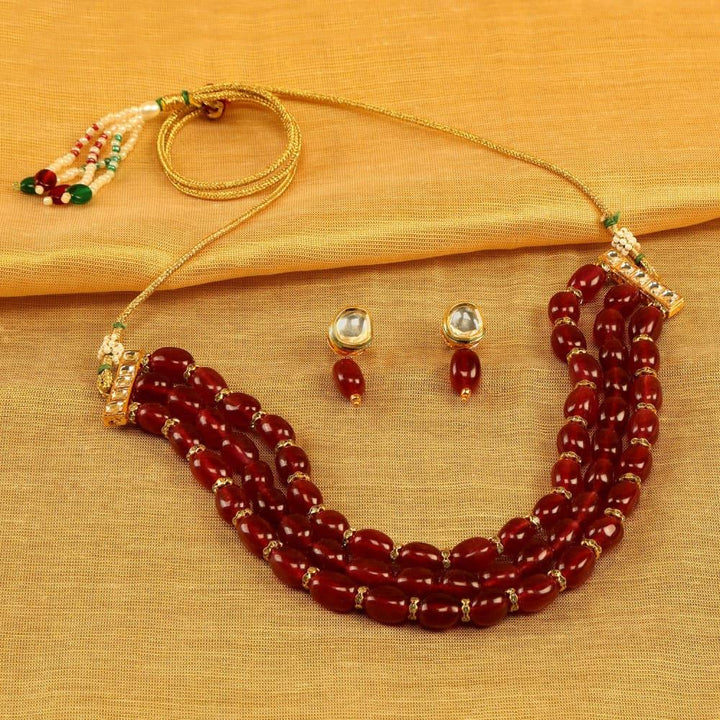 Gold-Plated Maroon Beaded Jewellery Set - Trendisia