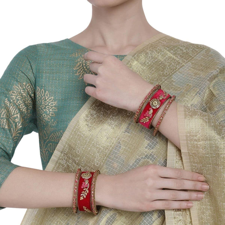 Gold Plated Peacock Velvet Bangles Set of 6 - Trendisia