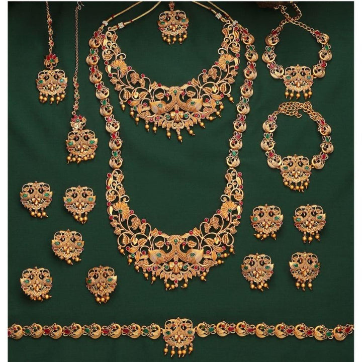 Gold-Plated Pink Green Stone-Studded Beaded Bridal Jewellery Set - Trendisia