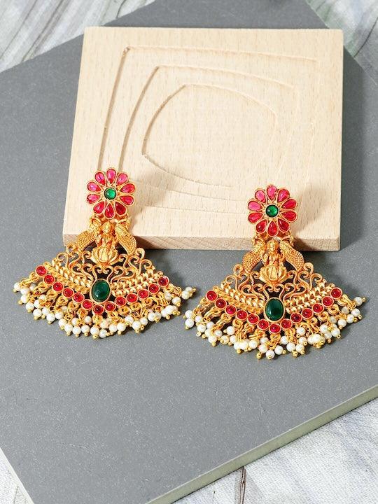 Gold-Plated Ruby Stone Temple Drop Earrings - Trendisia