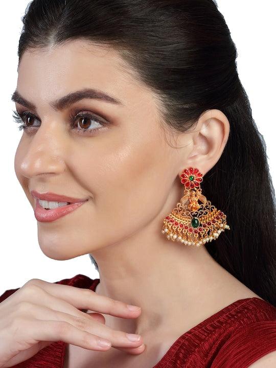 Gold-Plated Ruby Stone Temple Drop Earrings - Trendisia