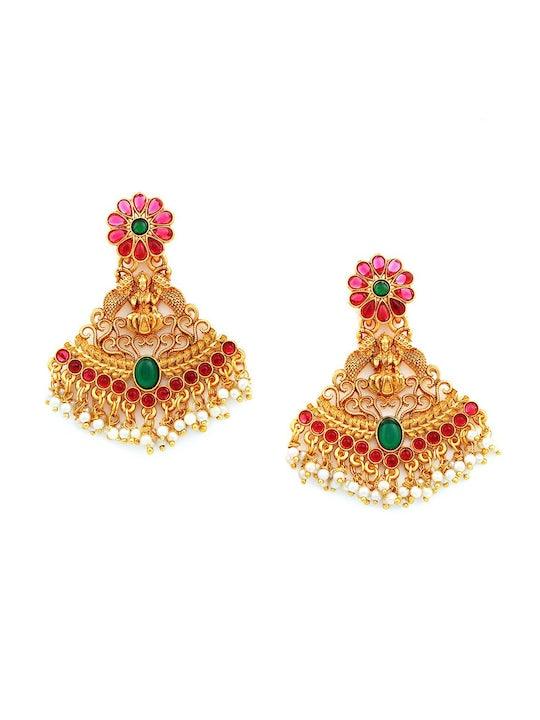 Gold-Plated Ruby Stone Temple Drop Earrings - Trendisia