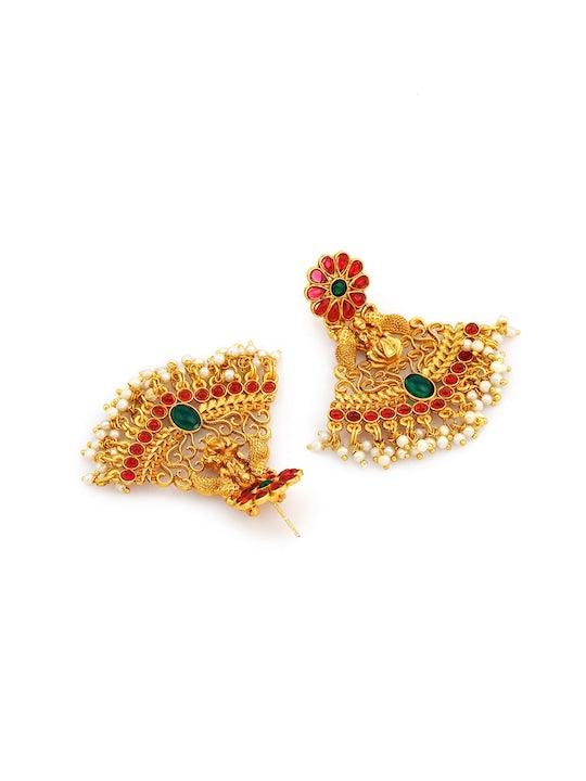 Gold-Plated Ruby Stone Temple Drop Earrings - Trendisia