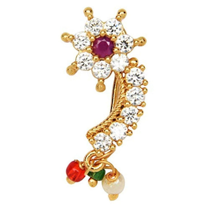 Gold-Plated Stone Studded Beaded Floral Design Nose Pin - Trendisia