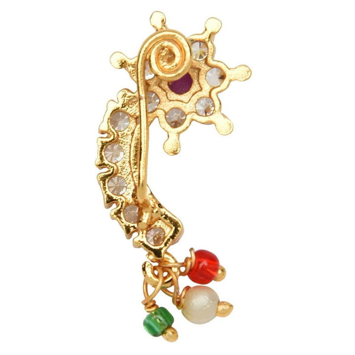 Gold-Plated Stone Studded Beaded Floral Design Nose Pin - Trendisia