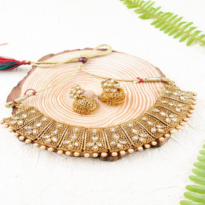 Gold Plated Studded Filigree Necklace Set for Women - Trendisia