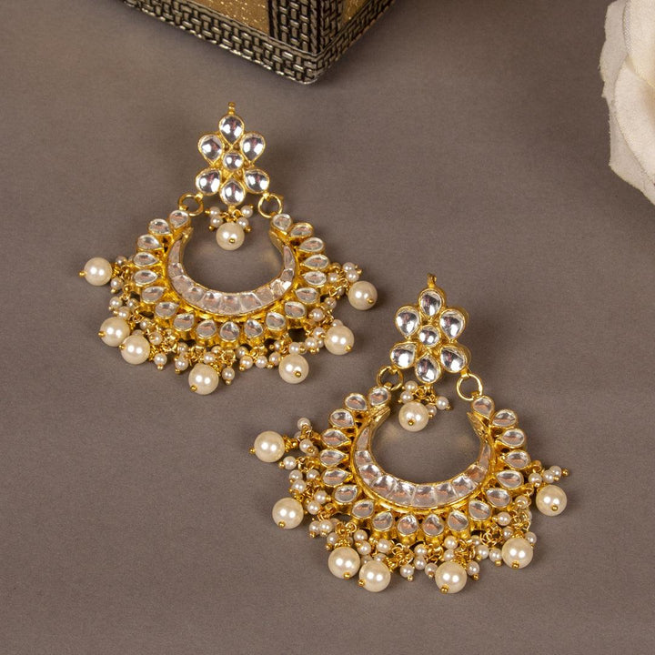 Gold-Plated Traditional Jadau Kundan Drop Earrings with Pearl - Trendisia