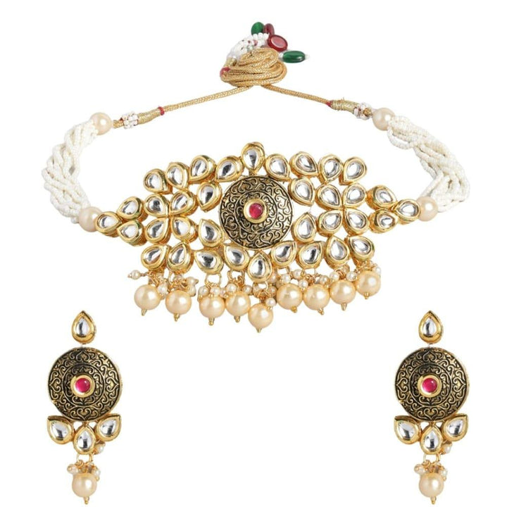 Gold Tone Antique Kundan Jewellery Set Embellished with Pearls - Trendisia