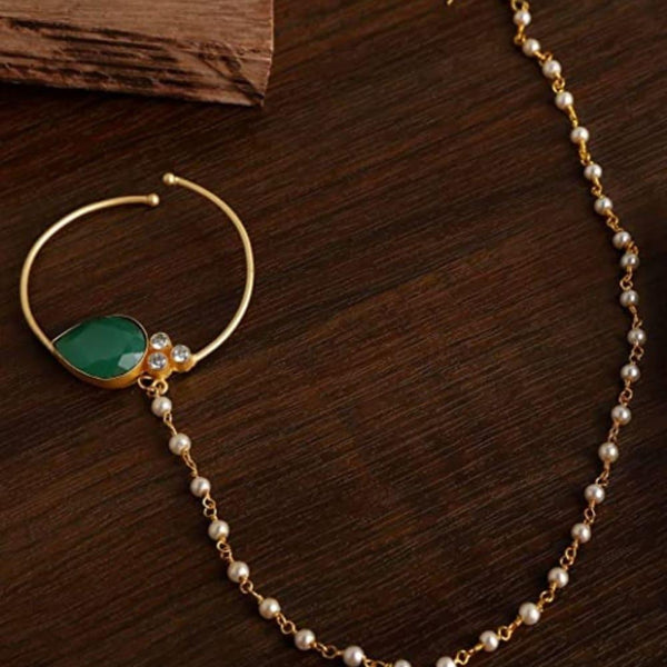 Gold-Toned Green Stone Nose Ring With Chain - Trendisia