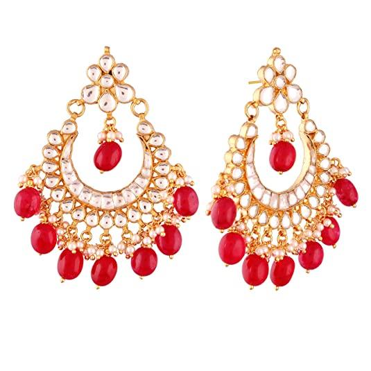 Gold-Toned Jadau Kundan Pearl Ruby Chaandbali - Trendisia