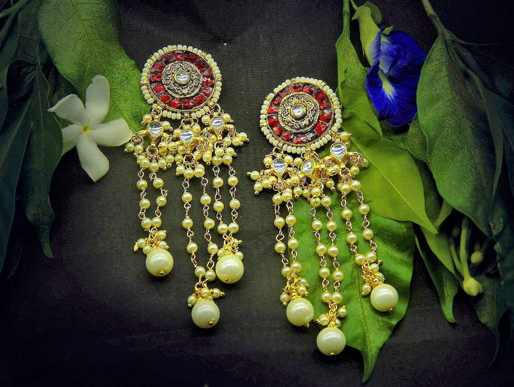 Gold-Toned Kundan & Faux Ruby Drop Earrings - Trendisia