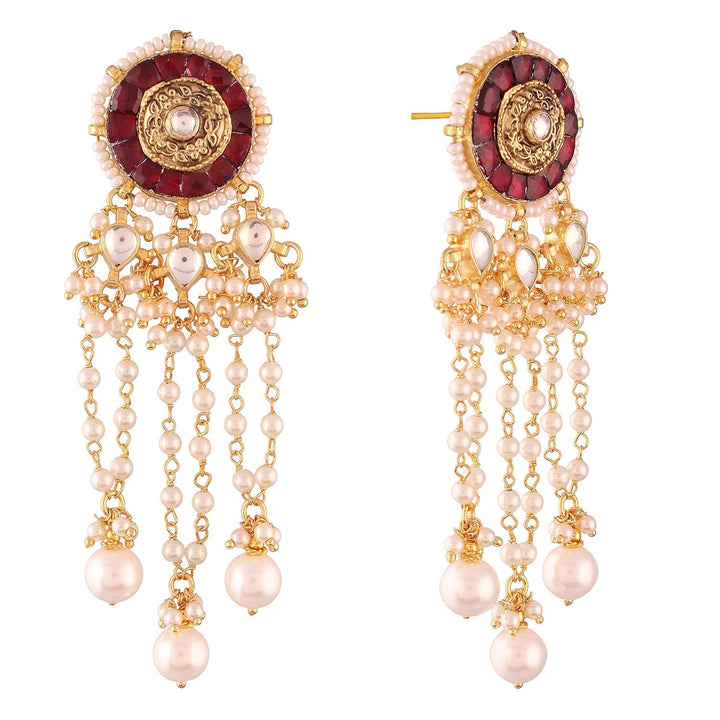 Gold-Toned Kundan & Faux Ruby Drop Earrings - Trendisia