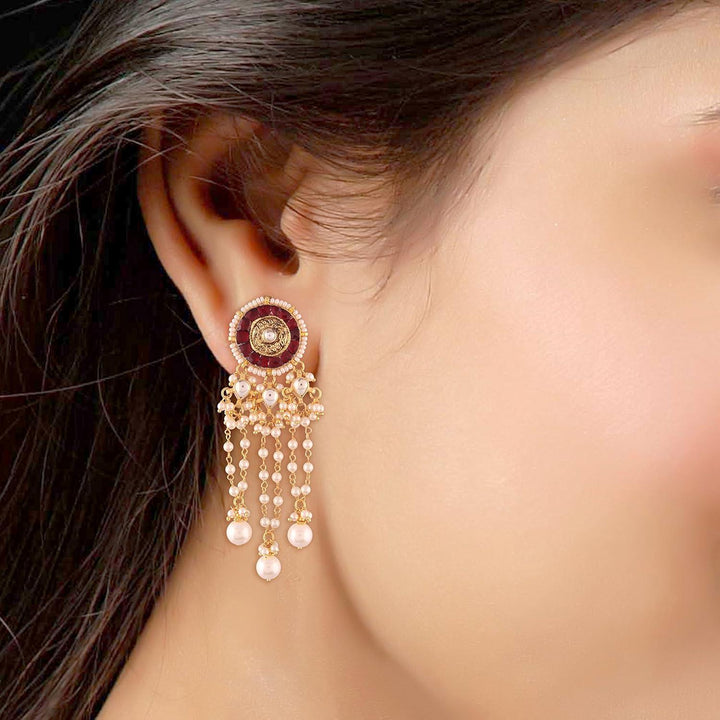 Gold-Toned Kundan & Faux Ruby Drop Earrings - Trendisia