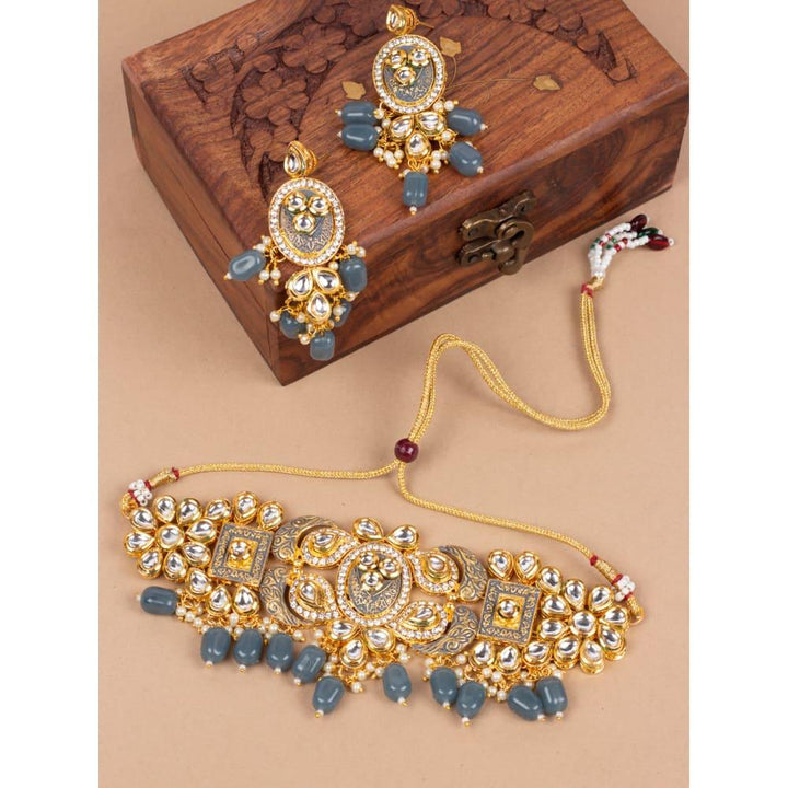 Gold Toned Kundan and Gray Enamel Jewelry Set - Trendisia