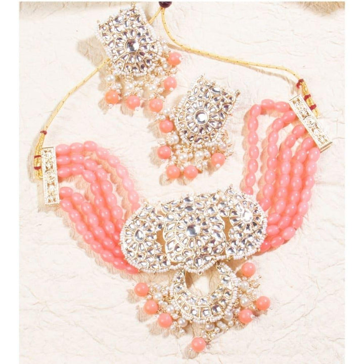 Gold Toned Kundan and Pink Beaded Choker Set for Women - Trendisia