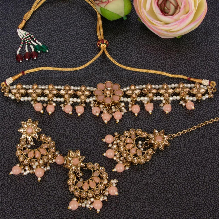 Gold-Toned Kundan and Ruby Studded Choker Set - Trendisia