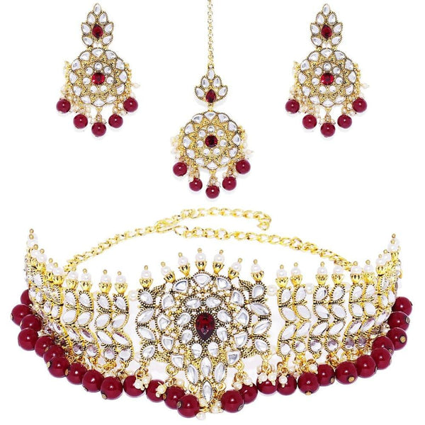 Gold-Toned Kundan Pearls Ruby Choker Jewellery Set - Trendisia