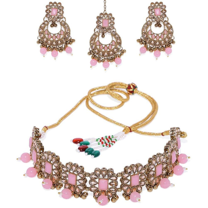 Gold-Toned Kundan Ruby Studded Choker Set - Trendisia