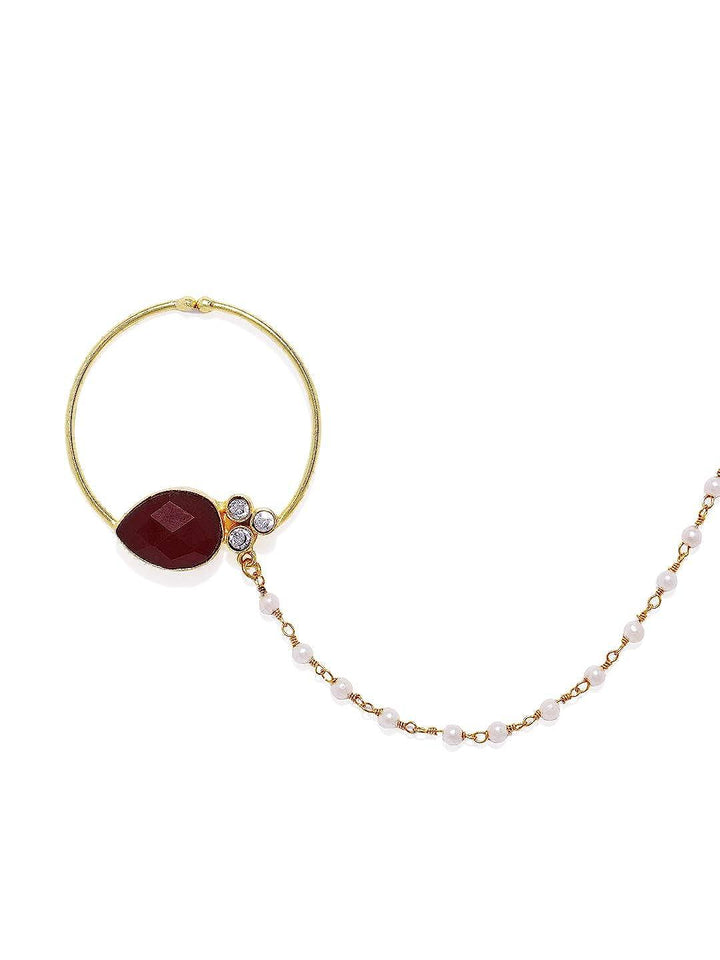 Gold-Toned Maroon Nose Ring With Chain - Trendisia