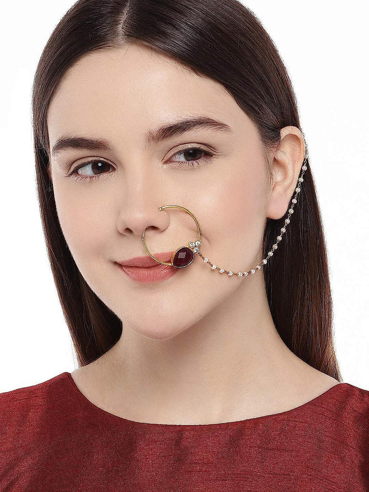 Gold-Toned Maroon Nose Ring With Chain - Trendisia