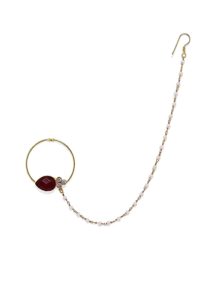 Gold-Toned Maroon Nose Ring With Chain - Trendisia