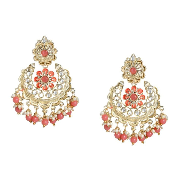 Gold-Toned Peach-Coloured Brass-Plated Kundan-Studded Chandbalis - Trendisia