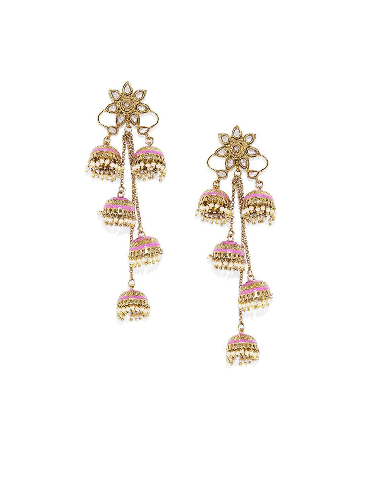 Gold-Toned Pink Enamelled Dome Shaped Jhumkas - Trendisia