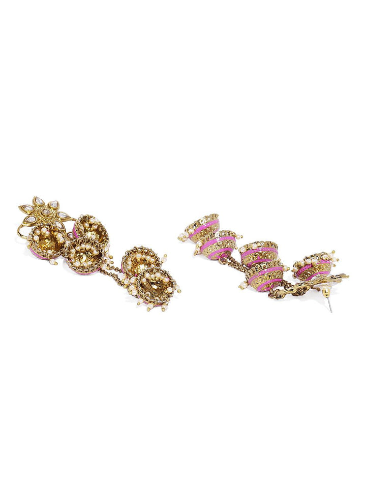 Gold-Toned Pink Enamelled Dome Shaped Jhumkas - Trendisia