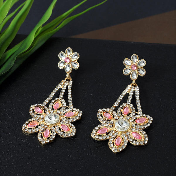 Gold-Toned Pink Floral Drop Earrings - Trendisia