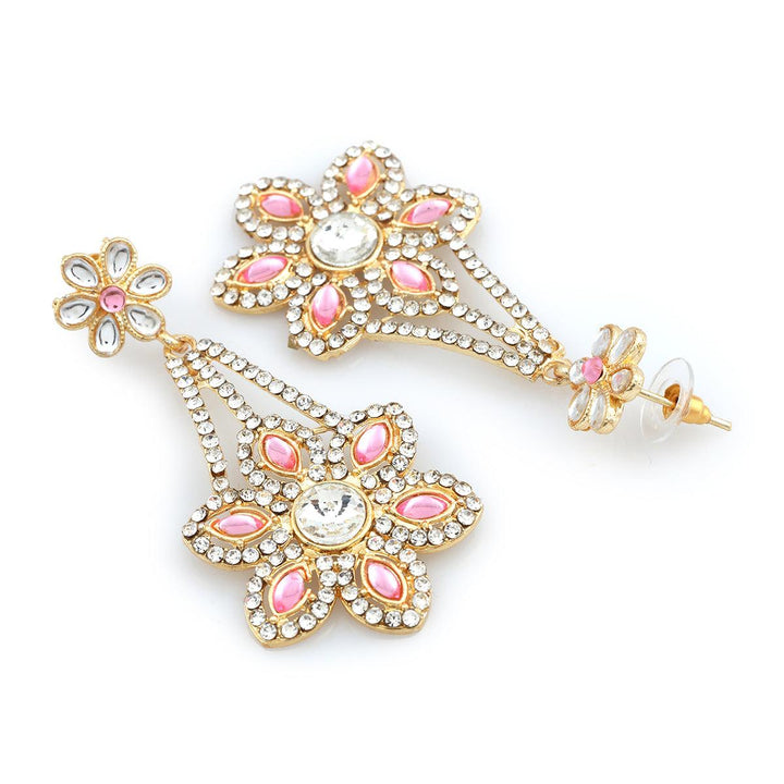 Gold-Toned Pink Floral Drop Earrings - Trendisia