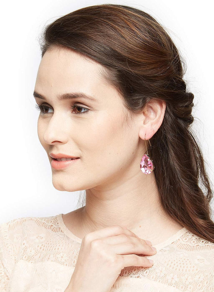 Gold-Toned Pink Oval Drop Earrings - Trendisia