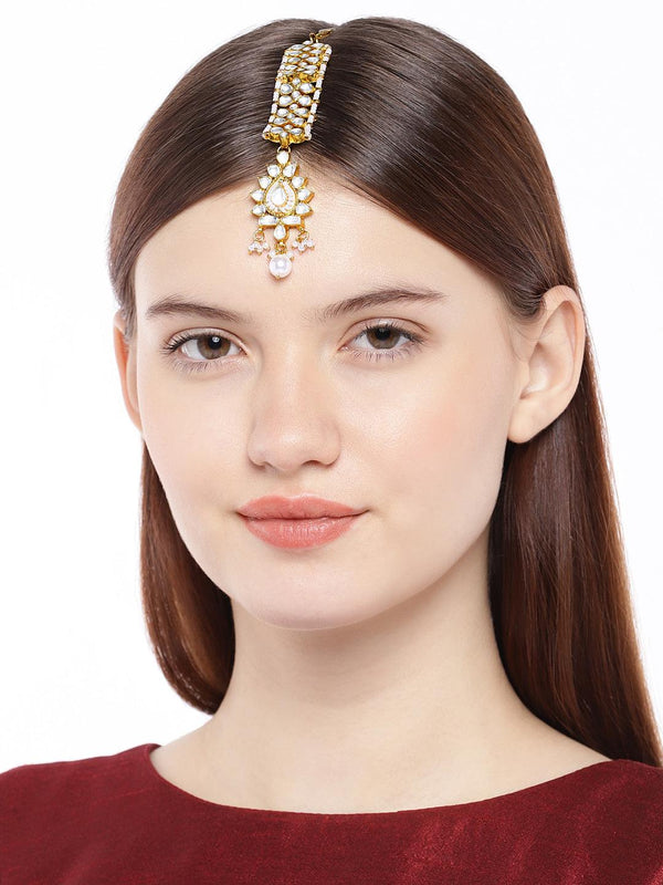 Gold toned White Kundan Maang Tika - Trendisia