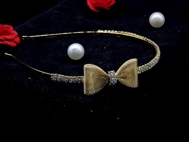 Gold-Toned White Rhinestone Bow Hairband - Trendisia