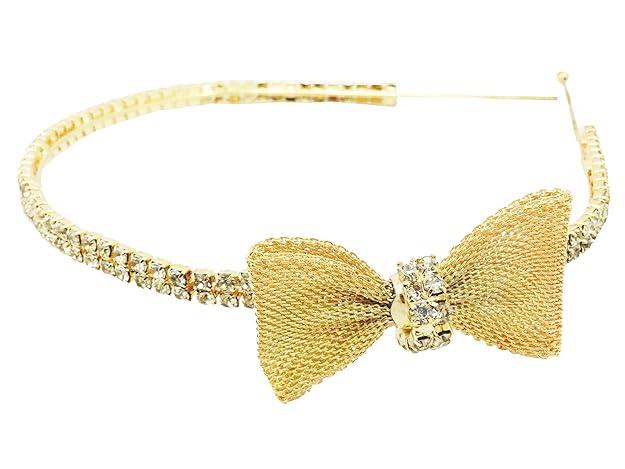 Gold-Toned White Rhinestone Bow Hairband - Trendisia