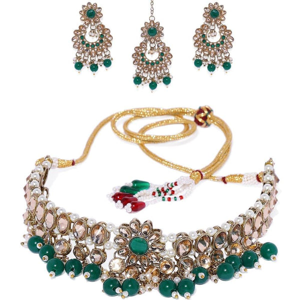 Green Gold-Plated Kundan, Pearl Emarald Embellished Jewellery Set - Trendisia